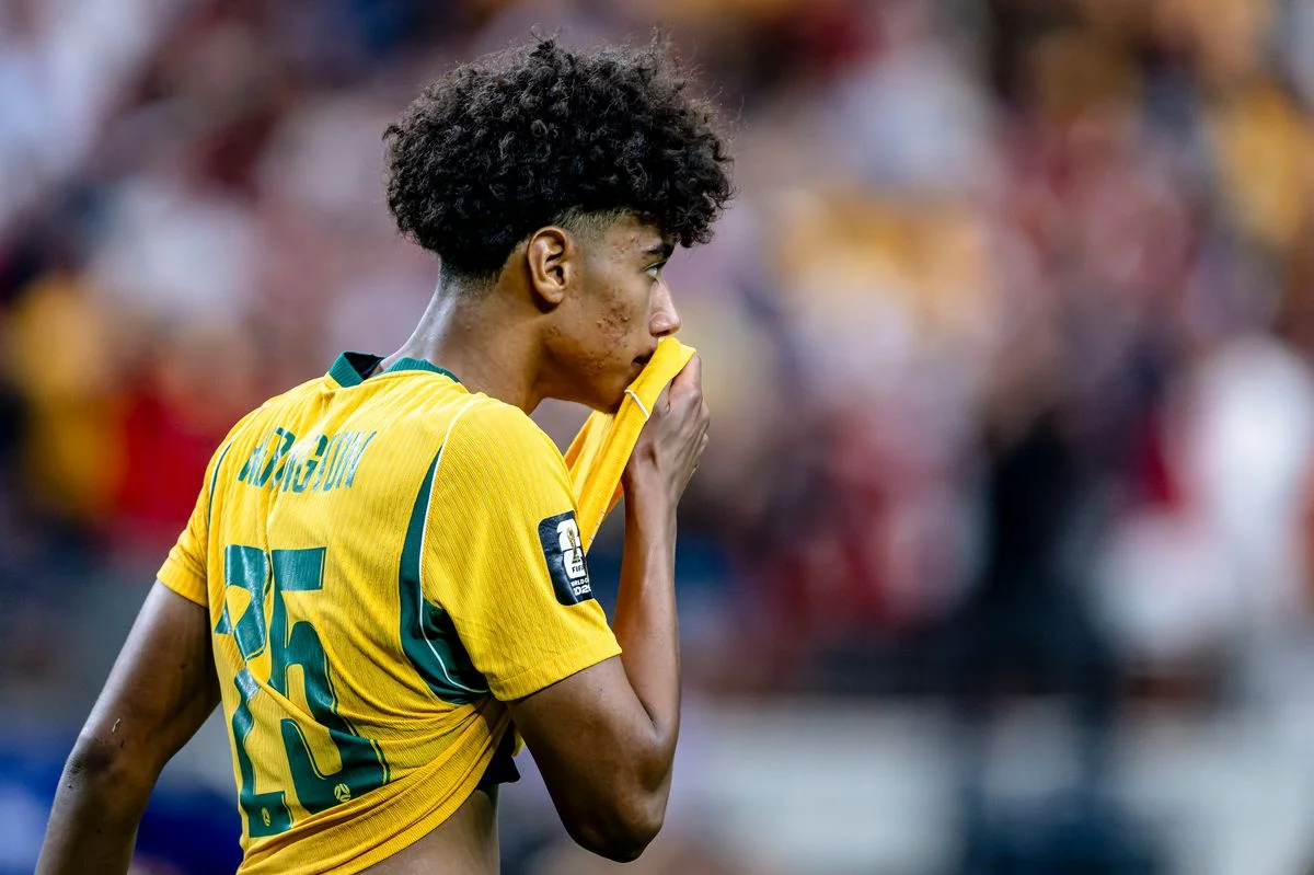 Lucas Herrington of Australia during the 2026 World Cup match between Australia and Egypt at Dallas Stadium on July 3, 2026, in Dallas, United States. (Photo by Stefan Koops/EYE4IMAGES/NurPhoto via Getty Images)