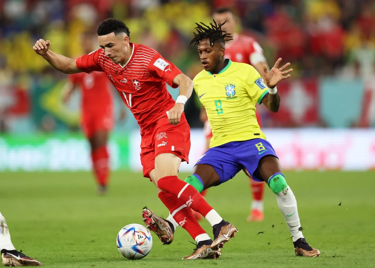 Ruben Vargas of Switzerland controls the ball against Fred of Brazil