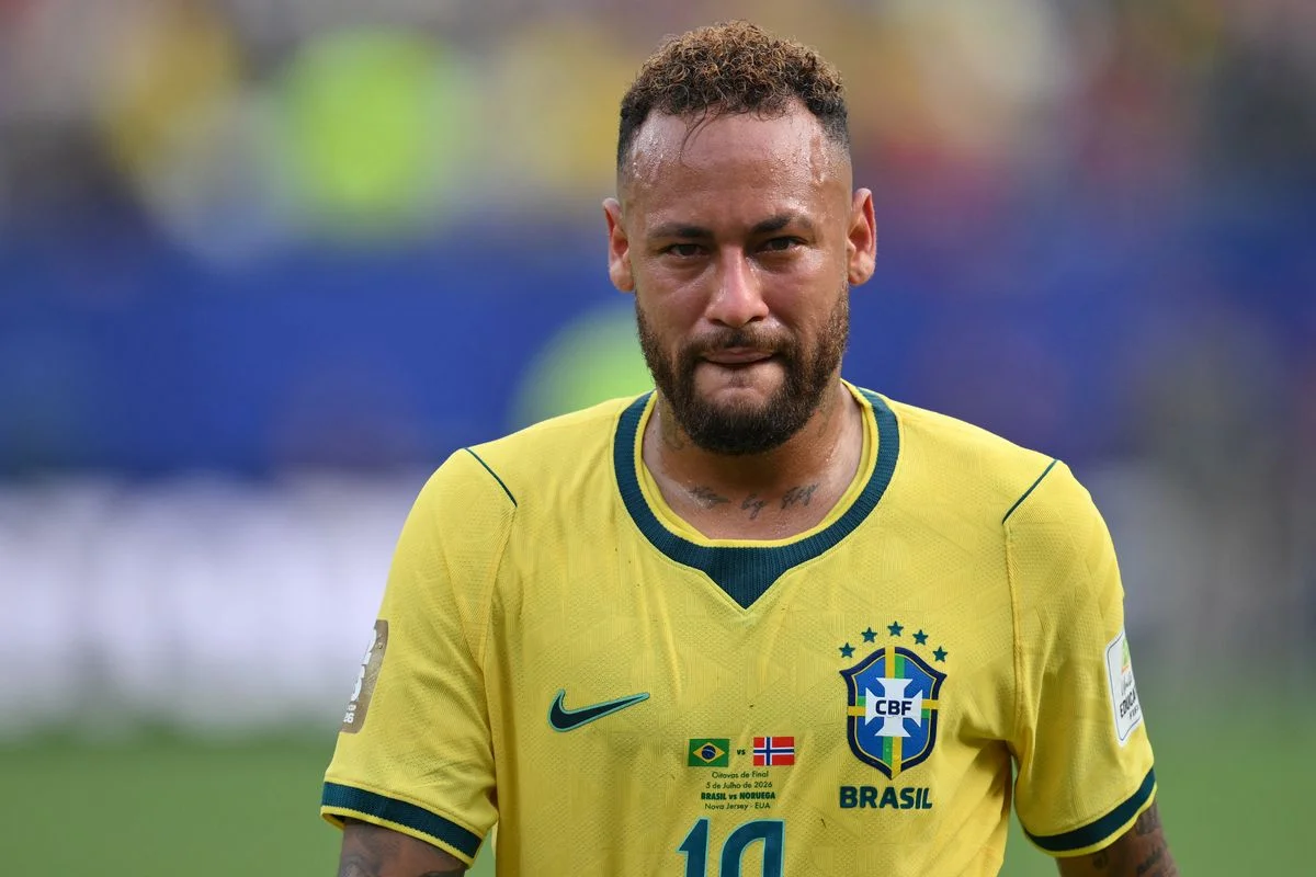 Brazil's forward #10 Neymar reacts after losing the 2026 World Cup round of 16 football match between Brazil and Norway at the New York/New Jersey Stadium in East Rutherford on July 5, 2026