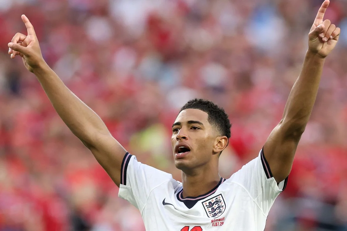 Jude Bellingham celebrates after winning the FIFA World Cup 2026 Quarter Final match between Norway and England at Miami Stadium on July 11