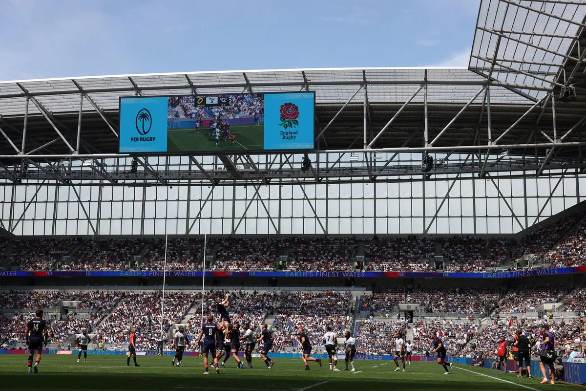 A general view inside the stadium as players compete for a line out during the 2026 Nations Championship match between Fiji and England at Hill Dickinson Stadium. Photo by George Wood - Nations Championship/Getty Images