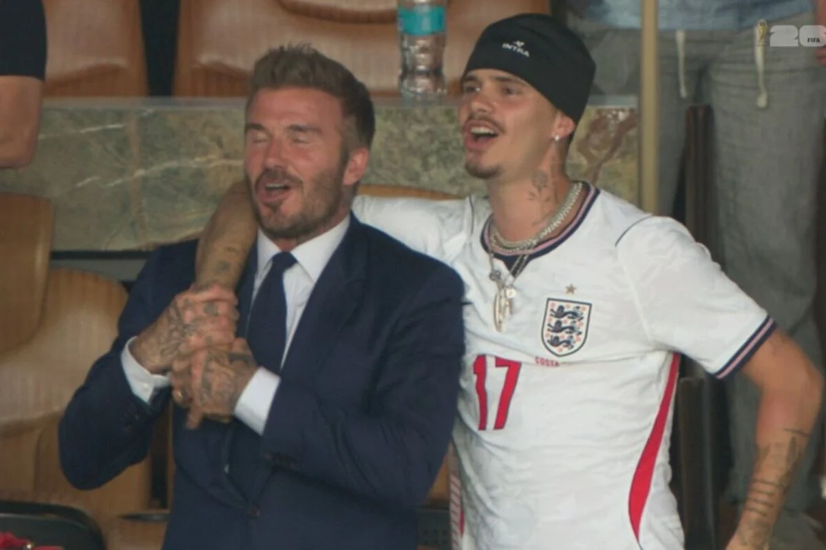 David Beckham was seen belting out Wonderwall arm-in-arm with his son Romeo as the pair celebrated England’s quarter-final win