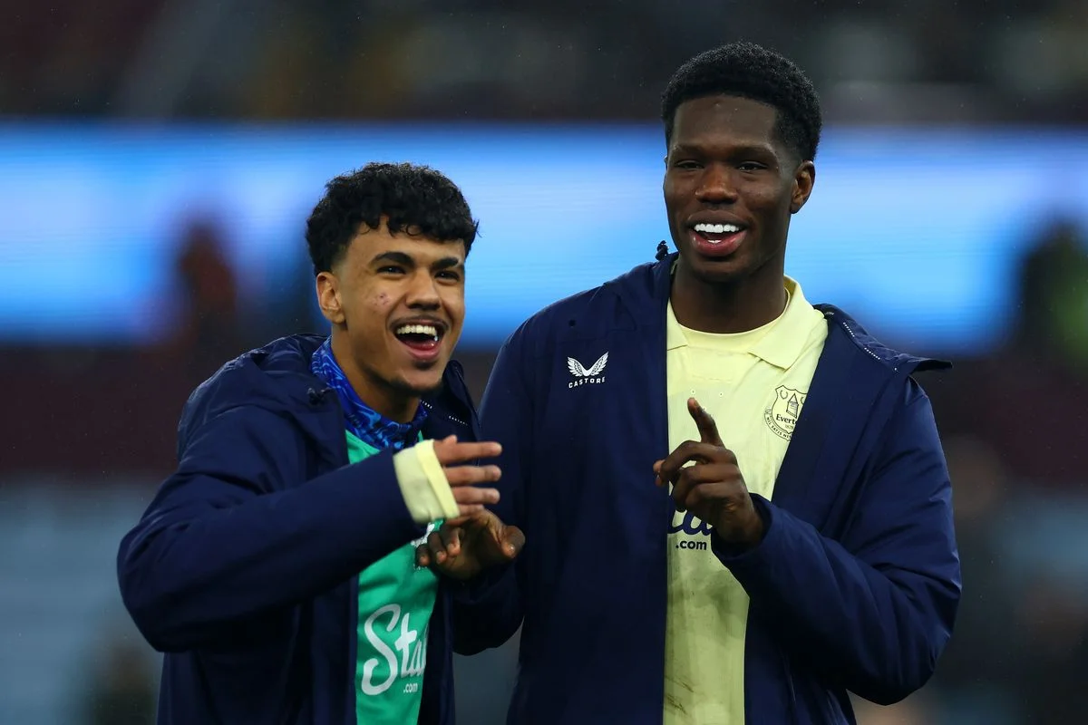 Thierno Barry and Adam Aznou following the Premier League match between Aston Villa and Everton at Villa Park. Photo by Chris Brunskill/Fantasista/Getty Images