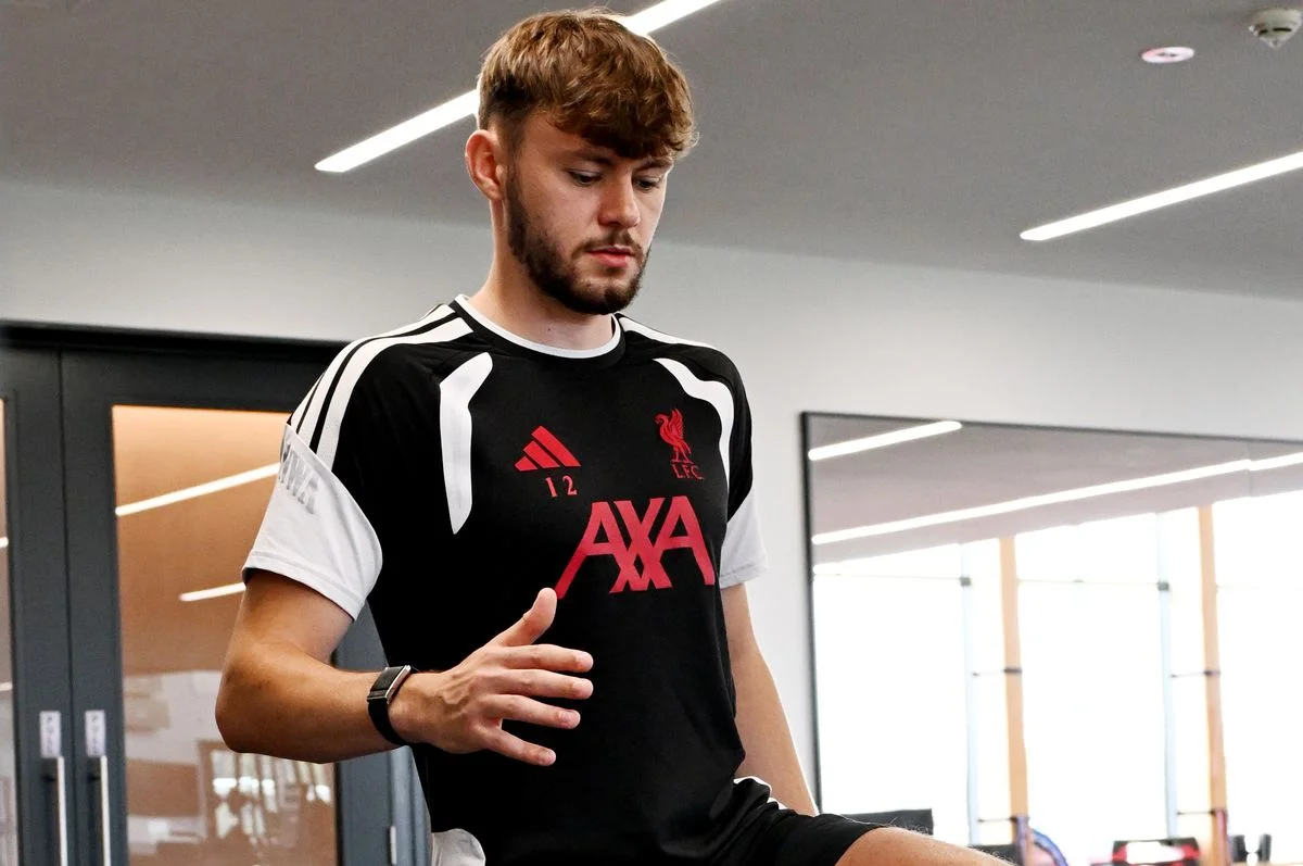 Conor Bradley of Liverpool at AXA Training Centre on July 7 2026 in Kirkby