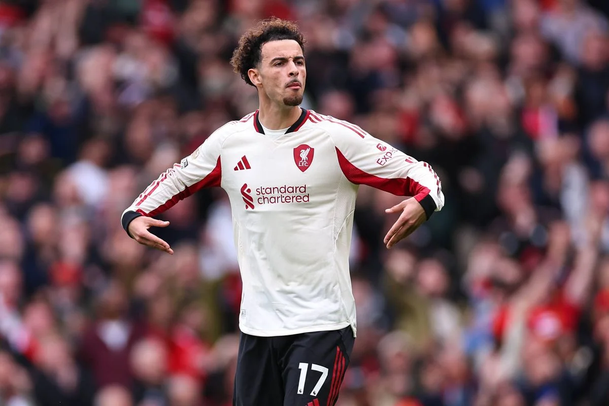 MANCHESTER, ENGLAND - MAY 3: Curtis Jones of Liverpool reacts during the Premier League match between Manchester United and Liverpool at Old Trafford on May 3, 2026 in Manchester, United Kingdom. (Photo by Robbie Jay Barratt - AMA/Getty Images)