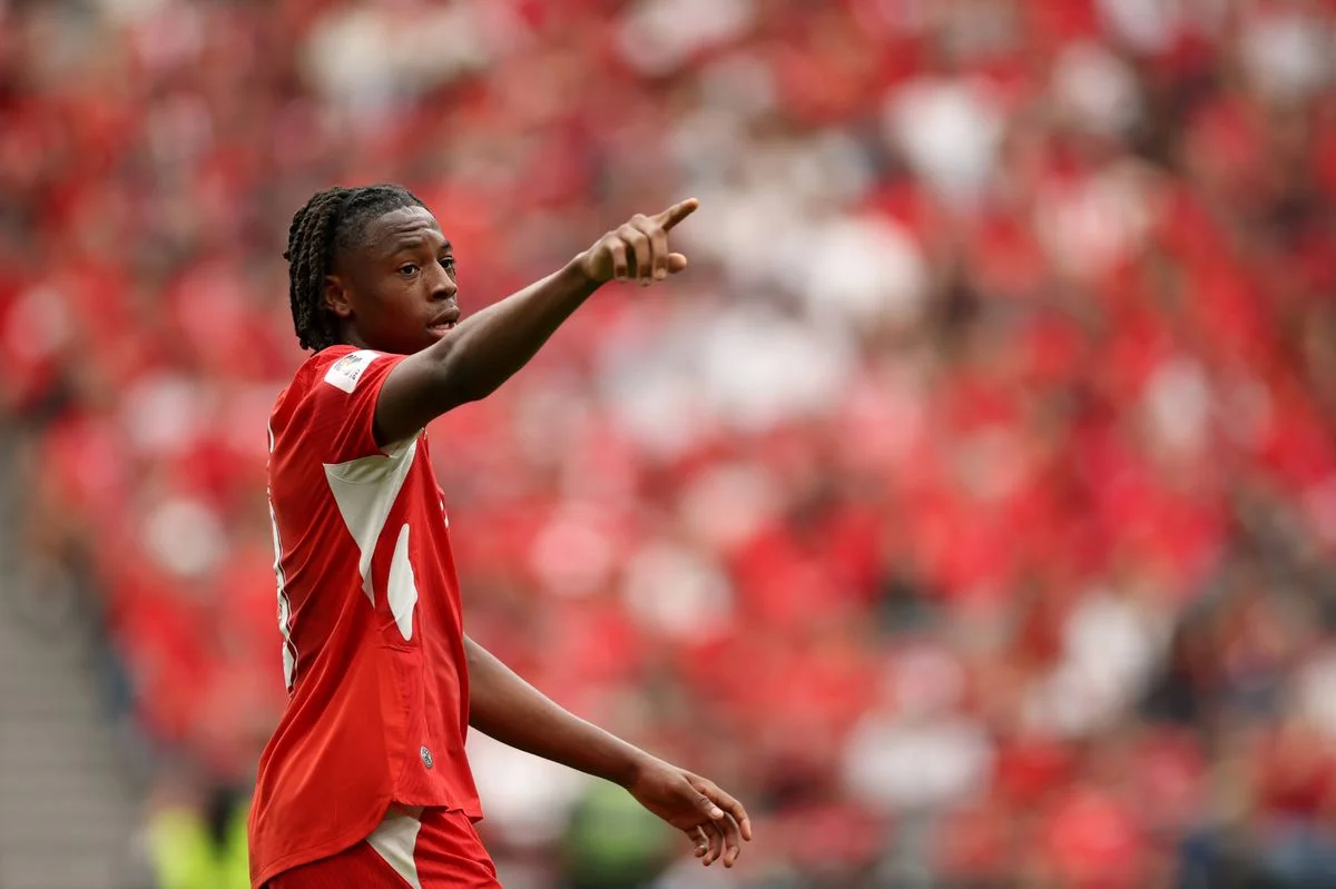 VANCOUVER, BRITISH COLUMBIA - JUNE 24: Johan Manzambi #9 of Switzerland celebrates scoring his team's second goal during the FIFA World Cup 2026 Group B match between Switzerland and Canada at BC Place Vancouver on June 24, 2026 in Vancouver, British Columbia. (Photo by Jared C. Tilton - FIFA/FIFA via Getty Images)