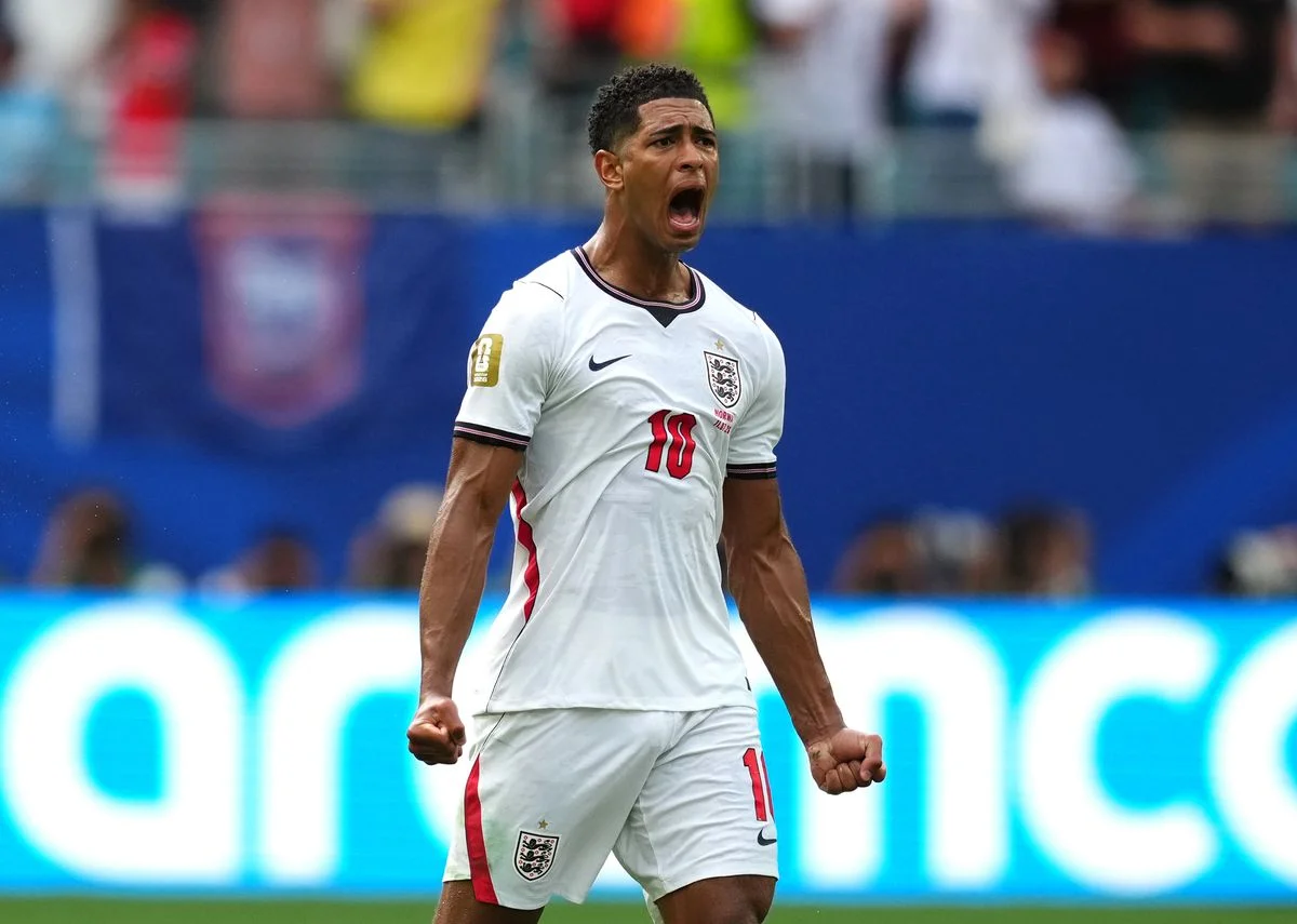 England's Jude Bellingham celebrates scoring their side's first goal of the game during the FIFA World Cup 2026 quarter-final match at the Miami Stadium. Picture date: Saturday July 11, 2026.