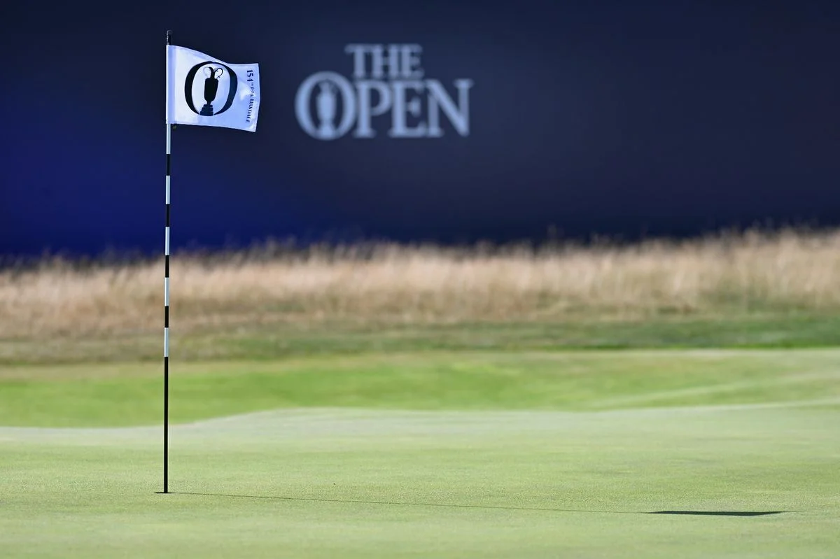 A general view of the 18th green pin flag prior to The 154th Open Championship at Royal Birkdale