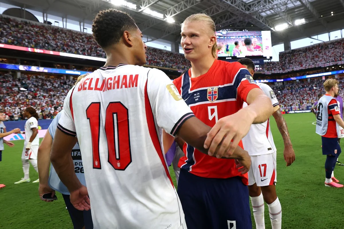 MIAMI GARDENS, FLORIDA - JULY 11: Jude Bellingham #10 of England and Erling Haaland #9 of Norway embrace after the FIFA World Cup 2026 Quarter Final match between Norway and England at Miami Stadium on July 11, 2026 in Miami Gardens, Florida. (Photo by Eddie Keogh - The FA/The FA via Getty Images)