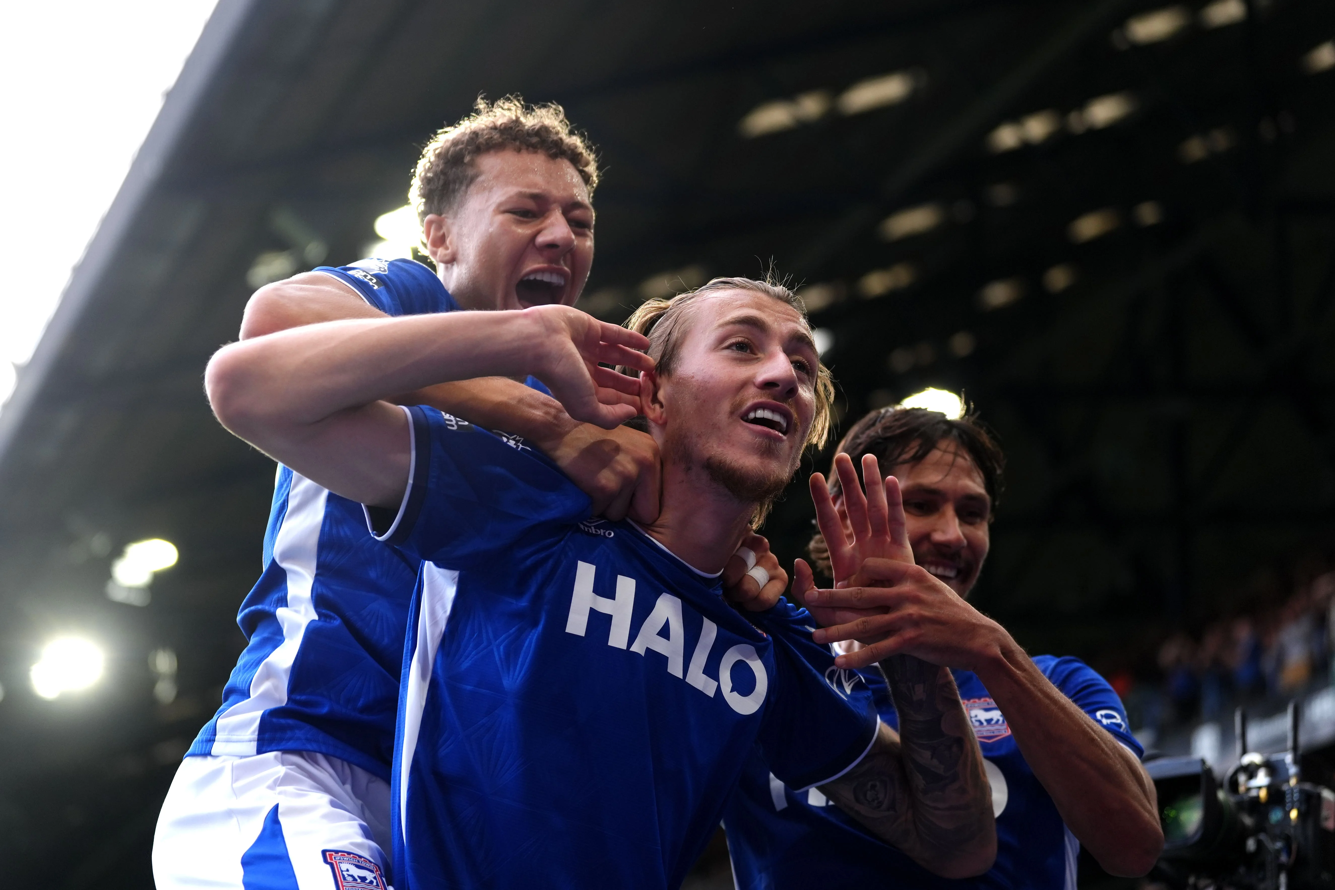 Ipswich Town’s Jack Clarke celebrates scoring their side’s second goal of the game with team-mates during the Premier League match at Portman Road, Ipswich. Picture date: Saturday August 22, 2026.