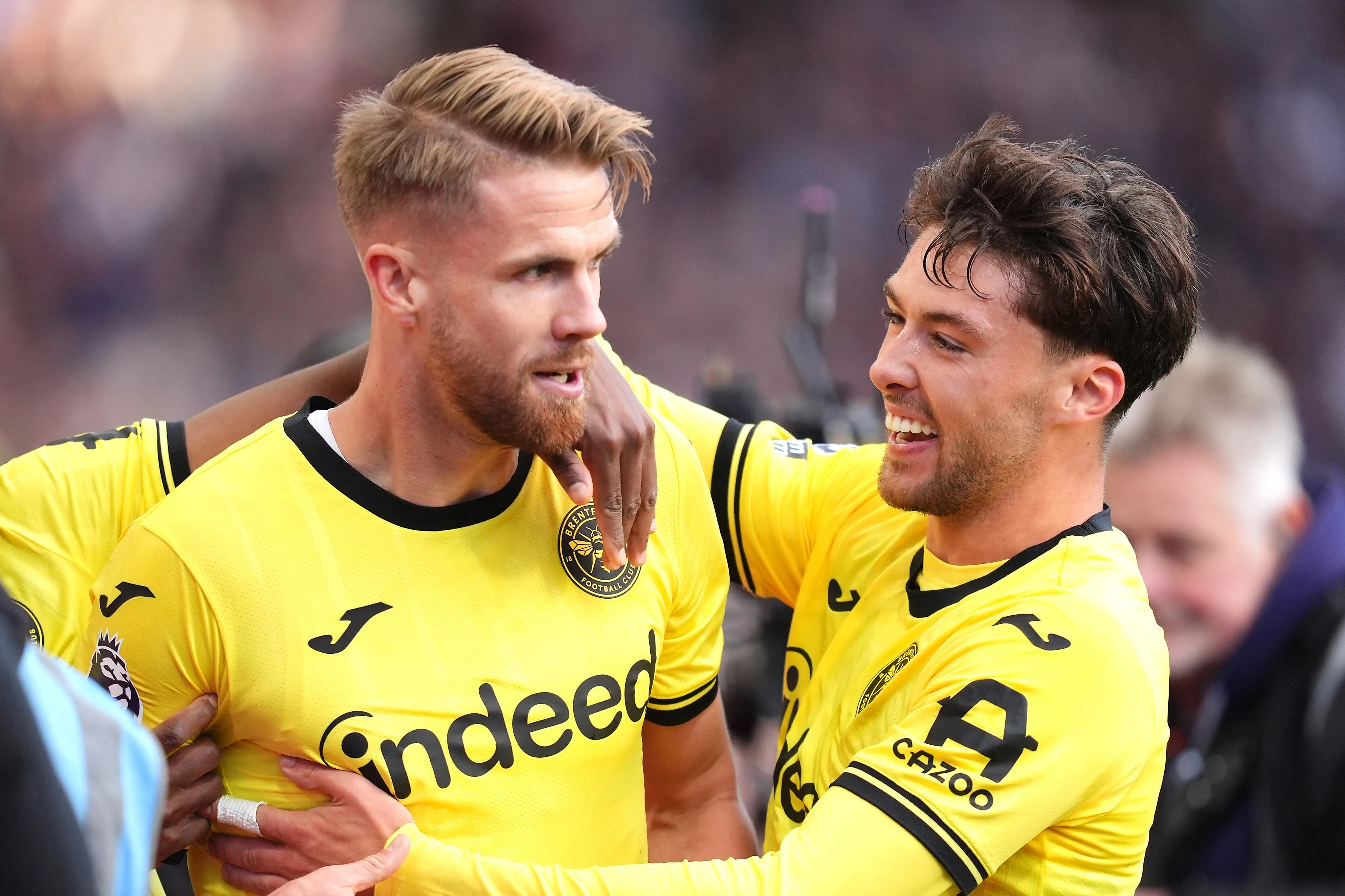 Kristoffer Ajer (centre) celebrates the equaliser (Nick Potts/PA)